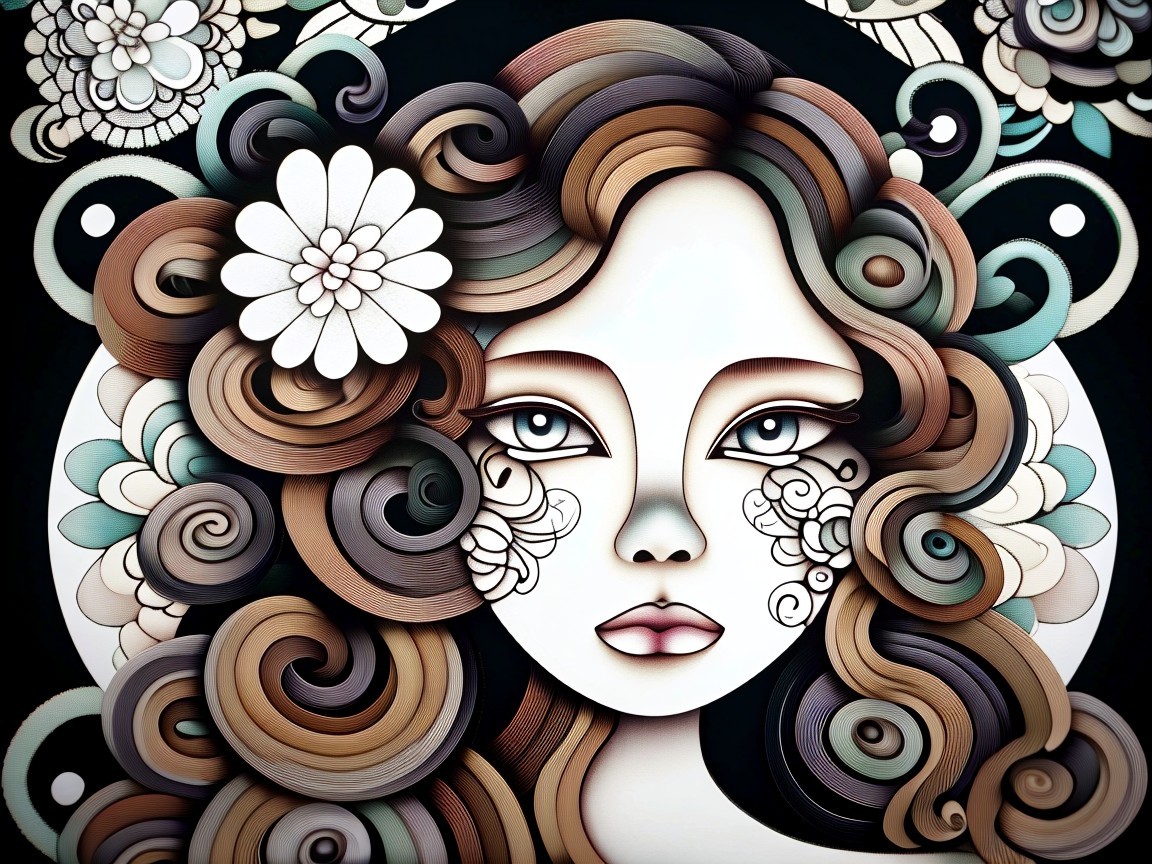 Stylized portrait of a woman with floral hair elements