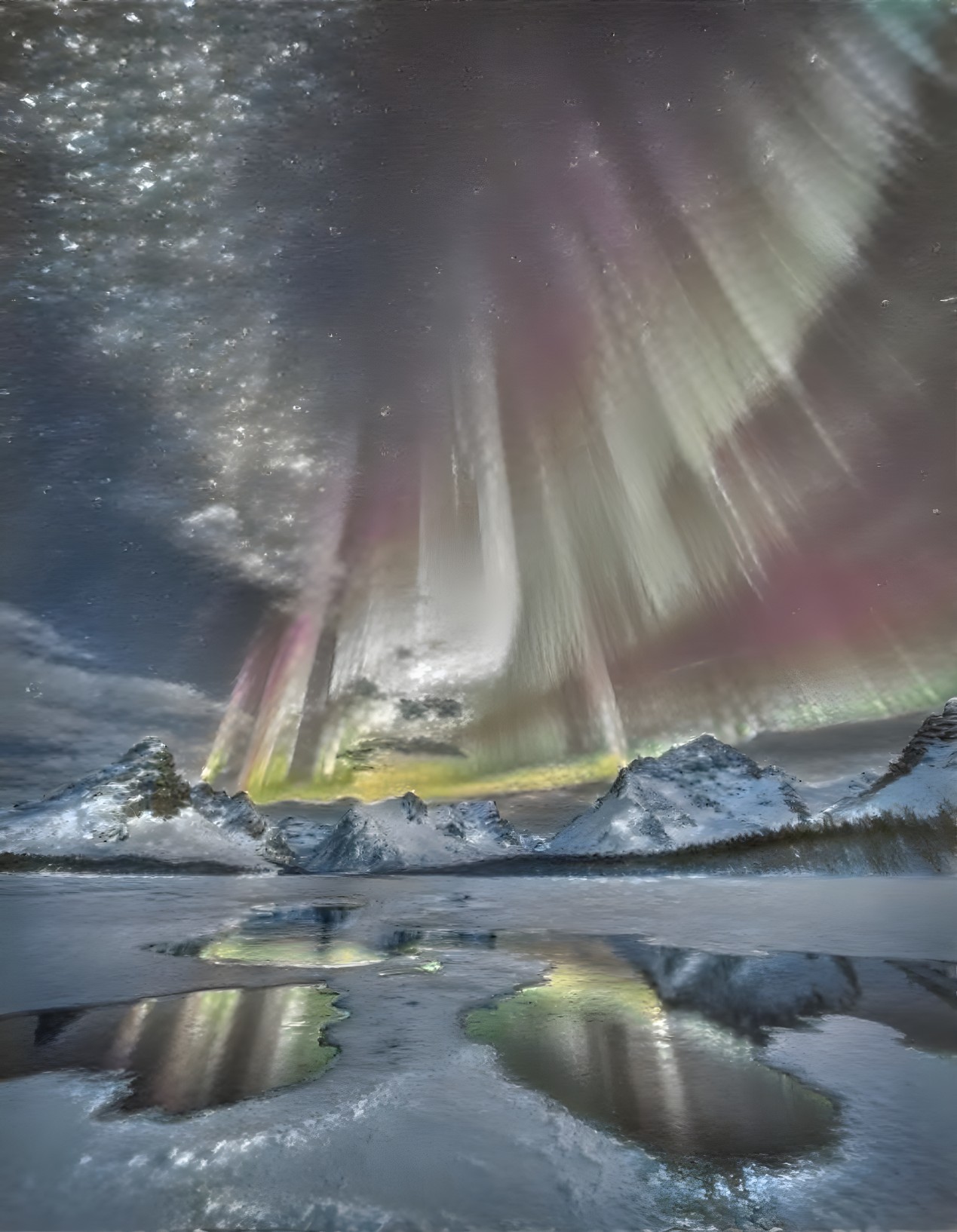 Vibrant Auroras Over Snow-Capped Mountains at Night