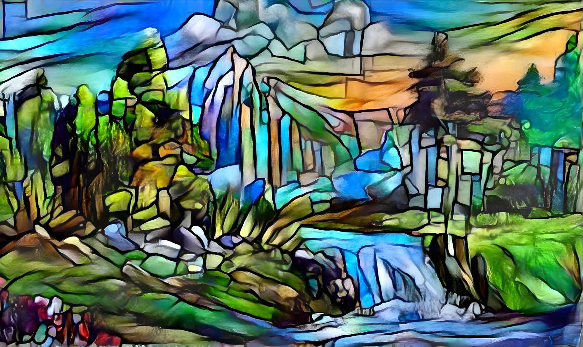 Vibrant Abstract Landscape with River and Mountains