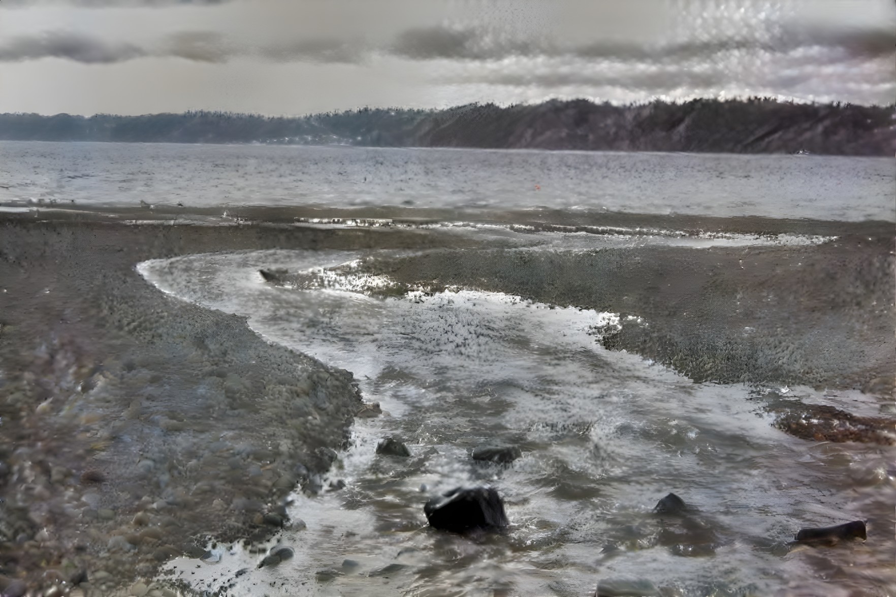 Tranquil Coastal Scene with Stream and Misty Hills