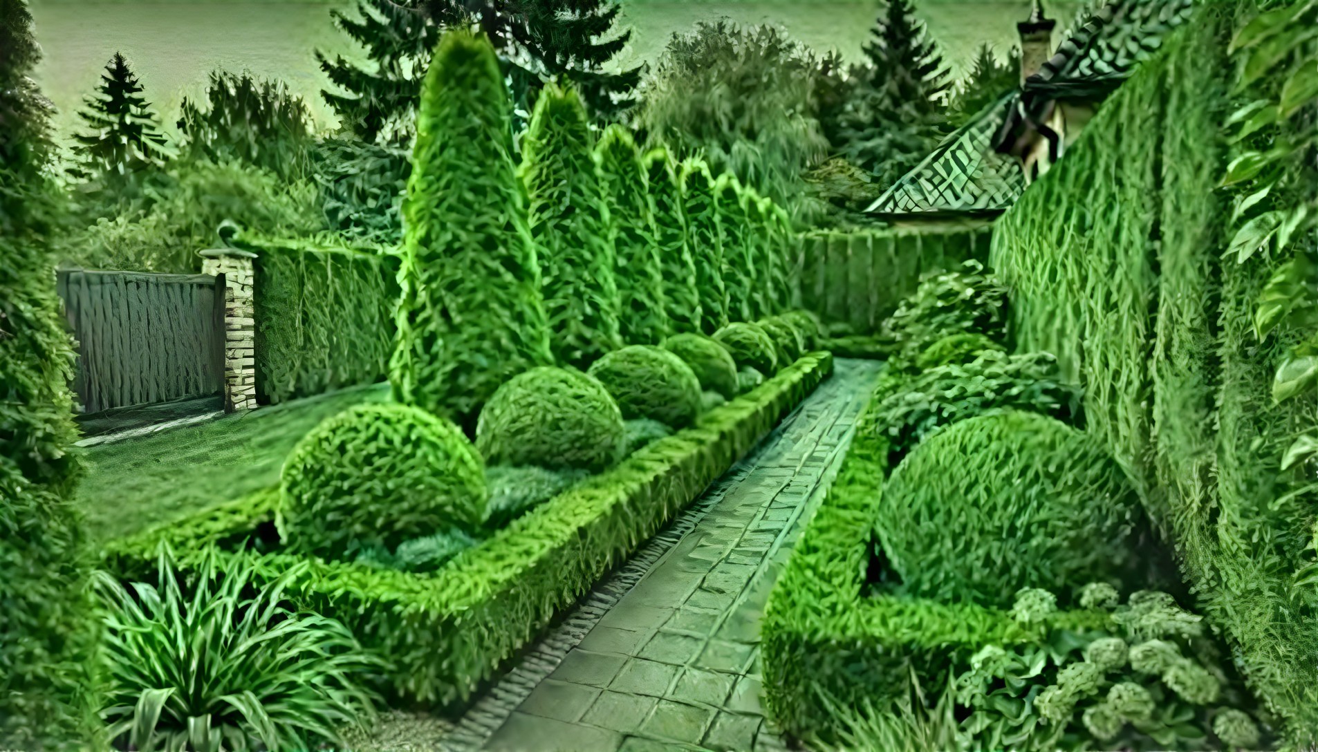Lush Garden with Trimmed Greenery and Stone Pathway