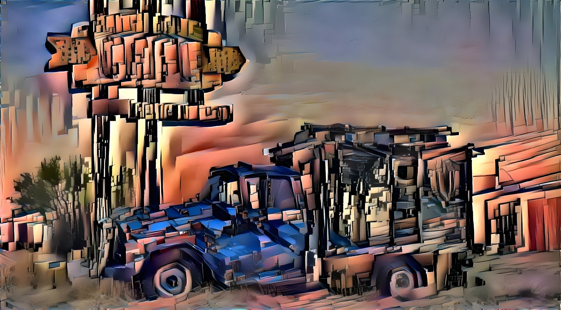 Old Truck by Retro Diner Sign at Sunset