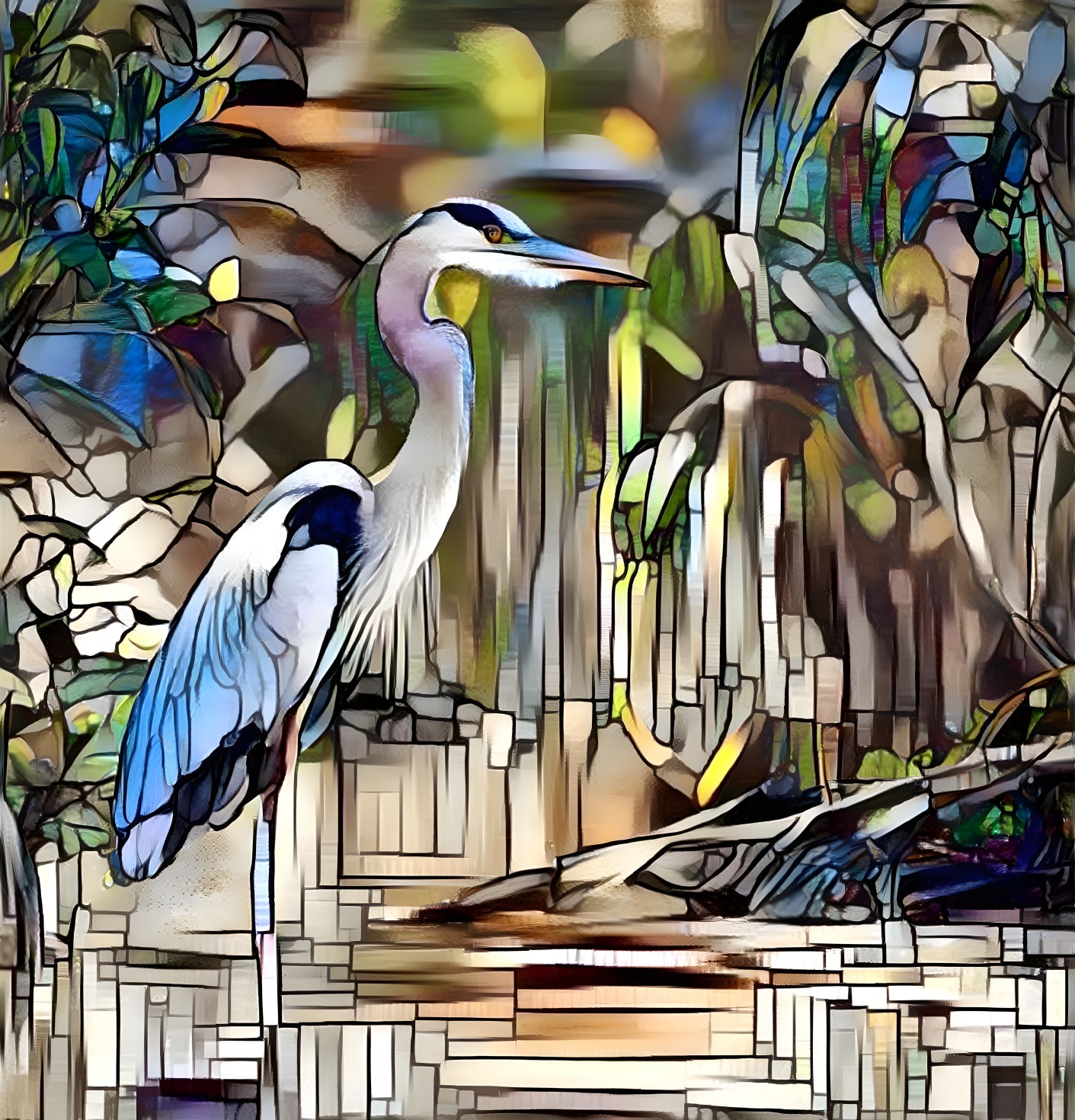 Heron in Lush Greenery with Abstract Background
