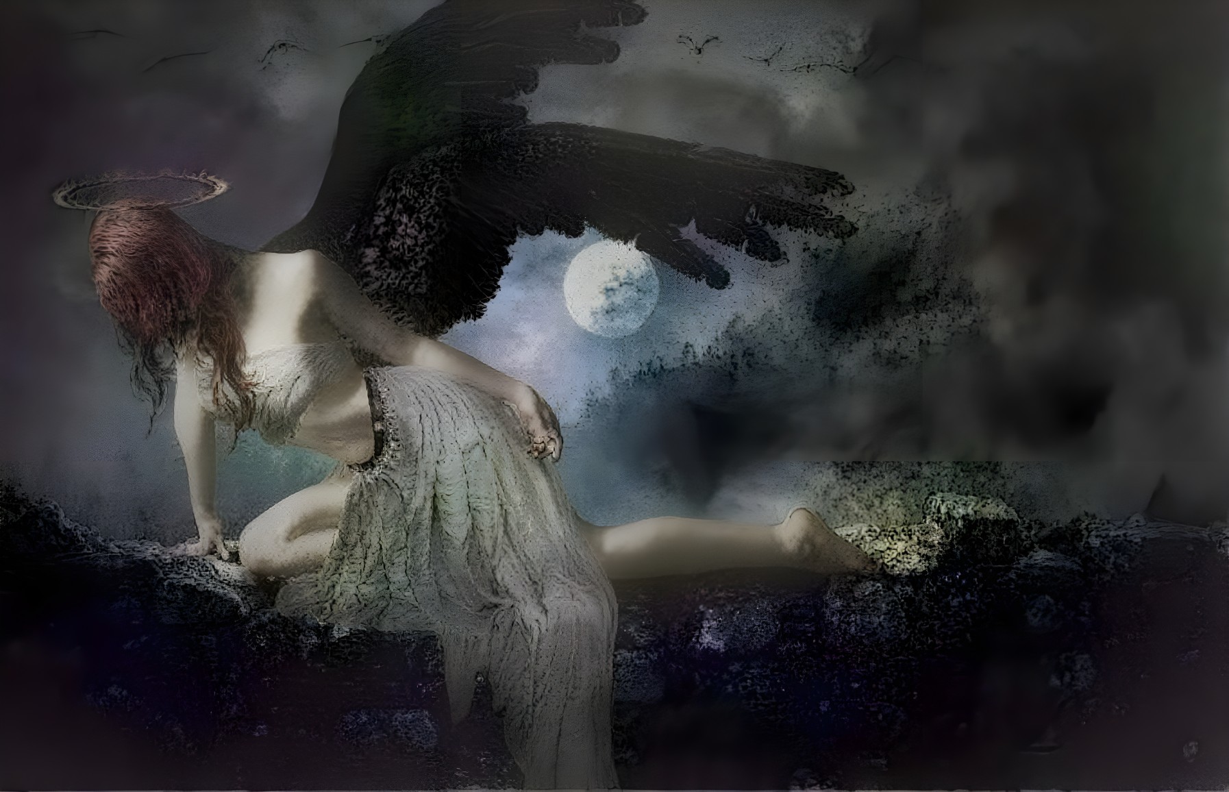 Haunting Woman with Red Hair and Black Wings in Mist