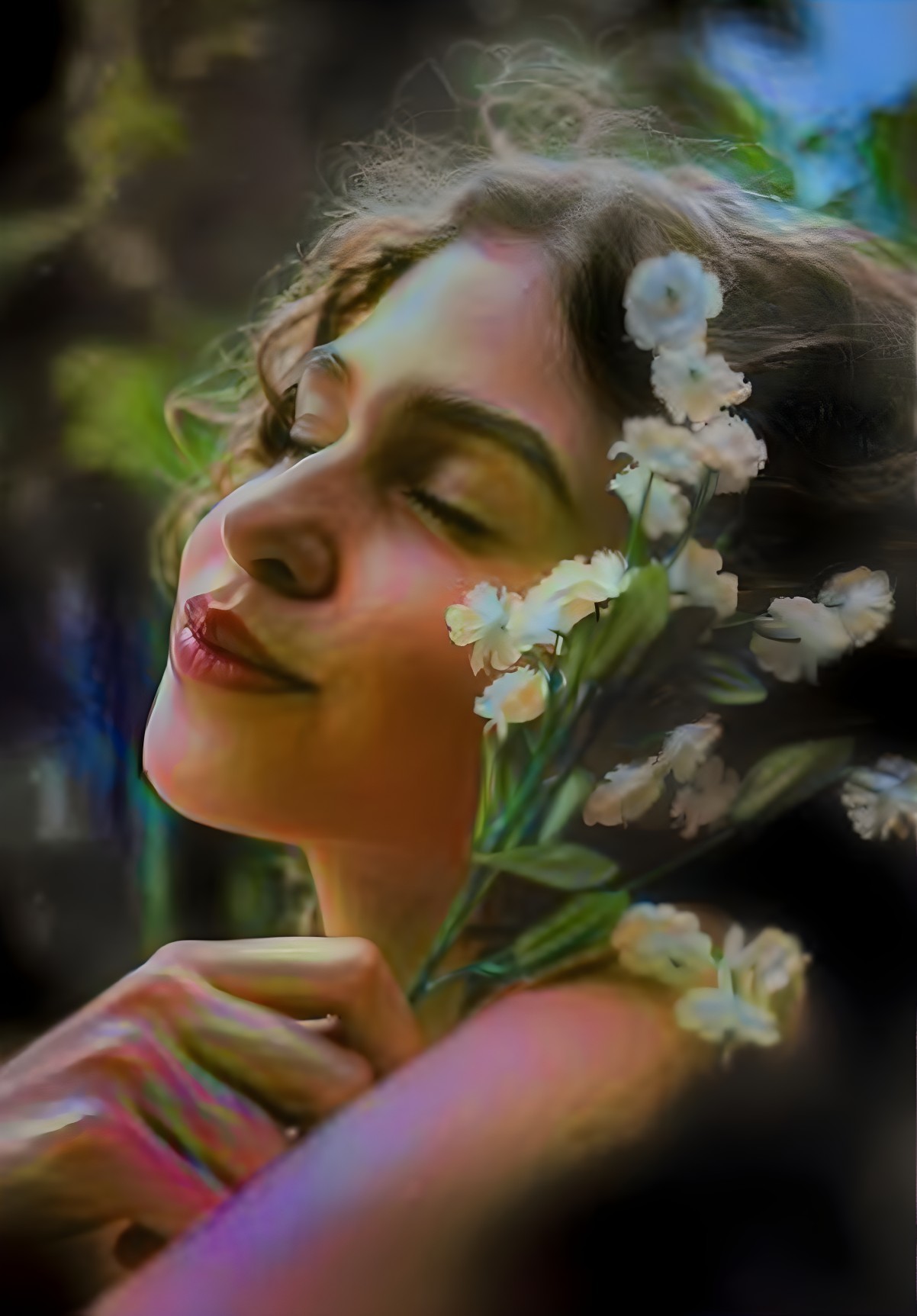 Young Woman Holding White Flowers in Ethereal Setting