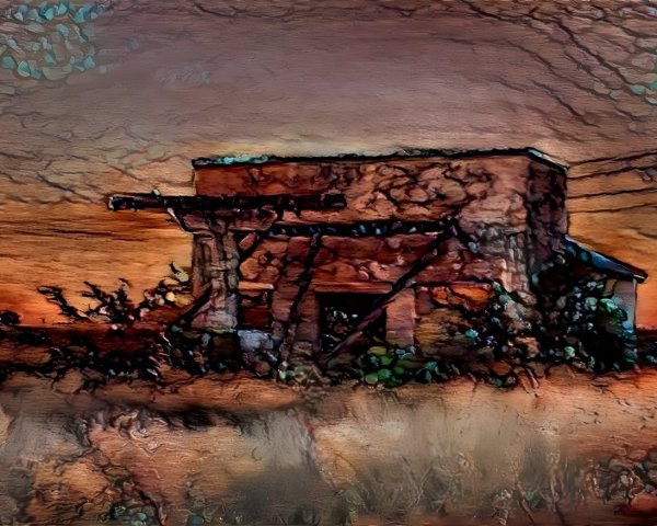 Abandoned Structure at Sunset with Overgrown Vegetation