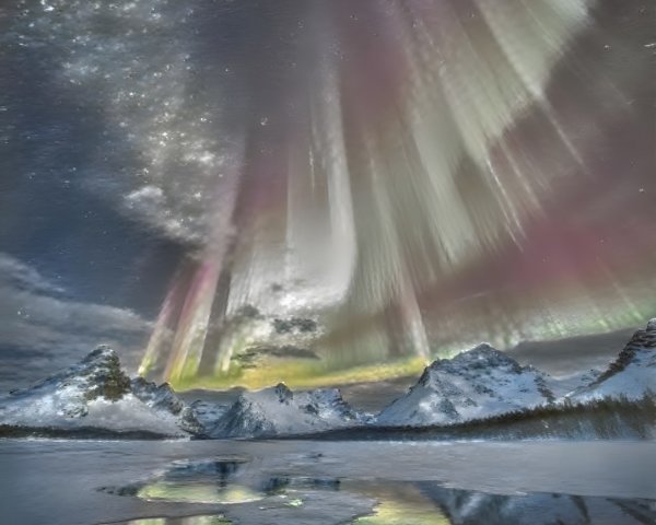 Vibrant Auroras Over Snow-Capped Mountains at Night