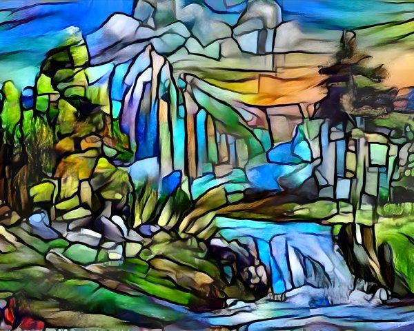 Vibrant Abstract Landscape with River and Mountains