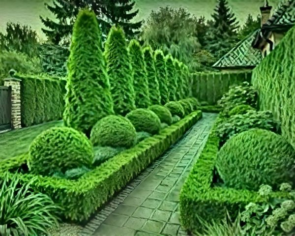 Lush Garden with Trimmed Greenery and Stone Pathway