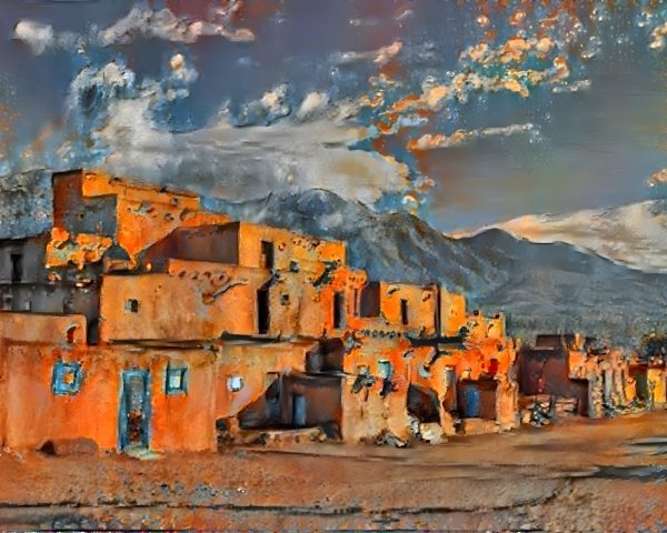 Southwestern Landscape with Adobe Homes and Mountains