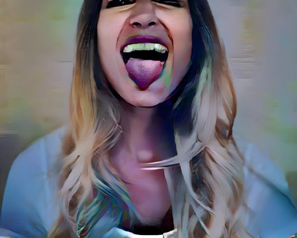 Playful Woman with Wavy Hair and Abstract Background