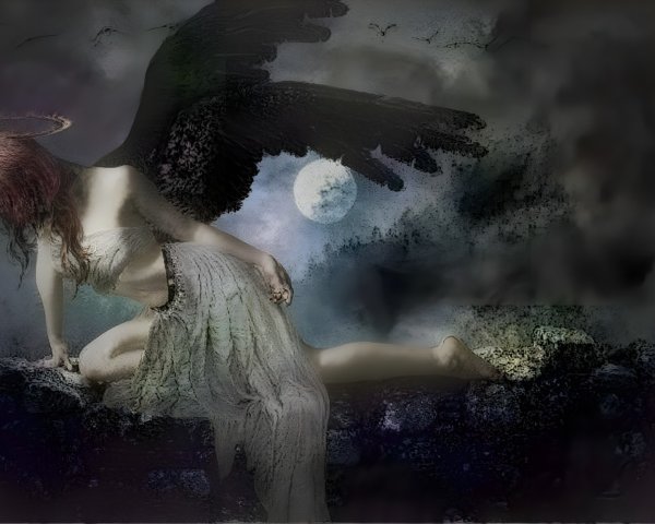 Haunting Woman with Red Hair and Black Wings in Mist