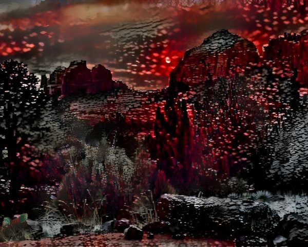 Surreal Landscape with Dramatic Red Shades and Mountains