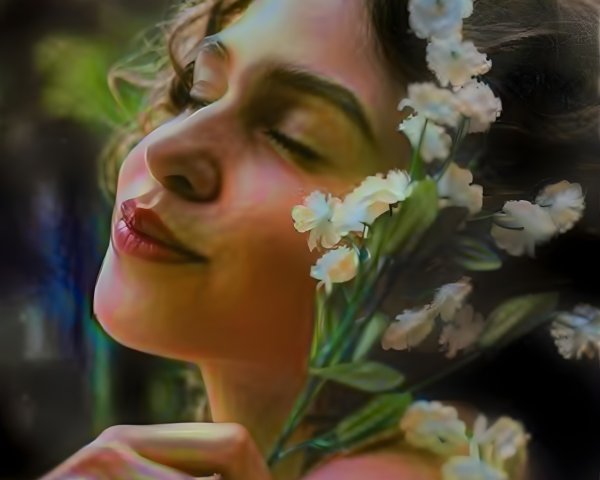 Young Woman Holding White Flowers in Ethereal Setting