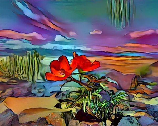 Red Flower in Rocky Terrain with Colorful Sky