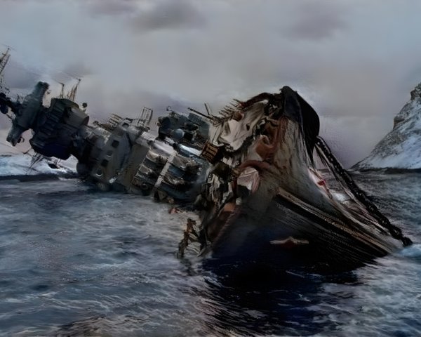 Shipwreck in Tumultuous Waters and Icy Cliffs