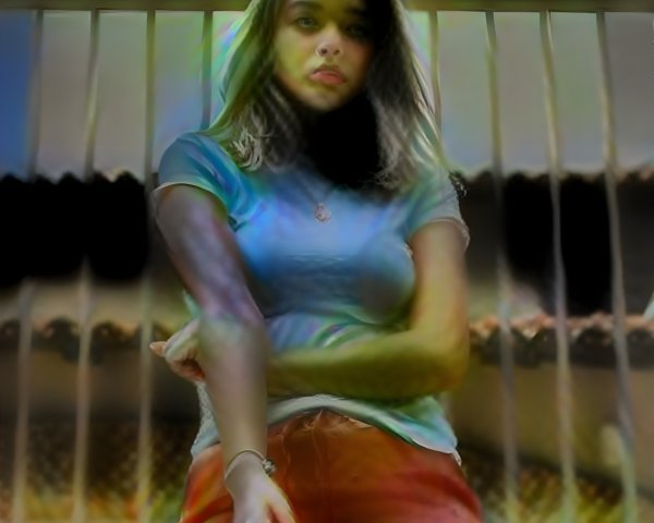 Young woman in casual attire by a barred window