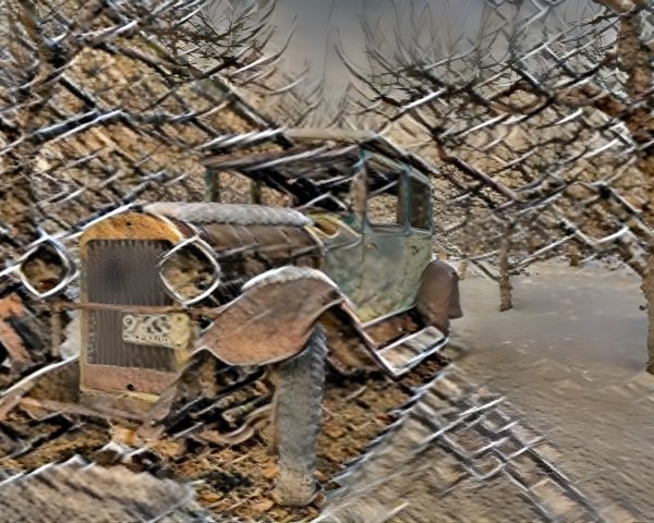 Old Car in Snowy Landscape with Bare Trees