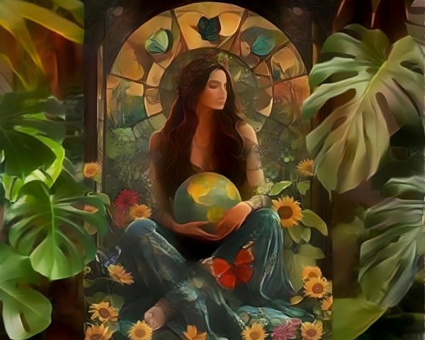 Serene Woman with Globe in Nature's Vibrant Setting