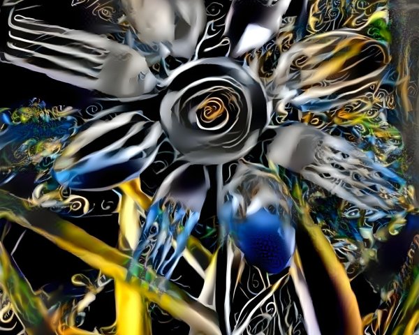Surreal Flower Composition with Metallic Cutlery Elements