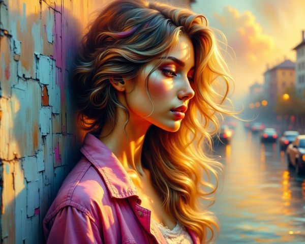 Young woman in warm light against textured wall