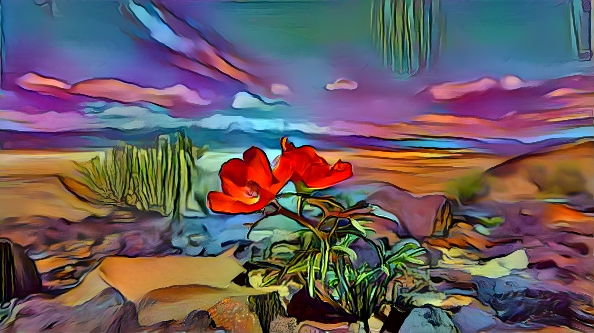 Red Flower in Rocky Terrain with Colorful Sky