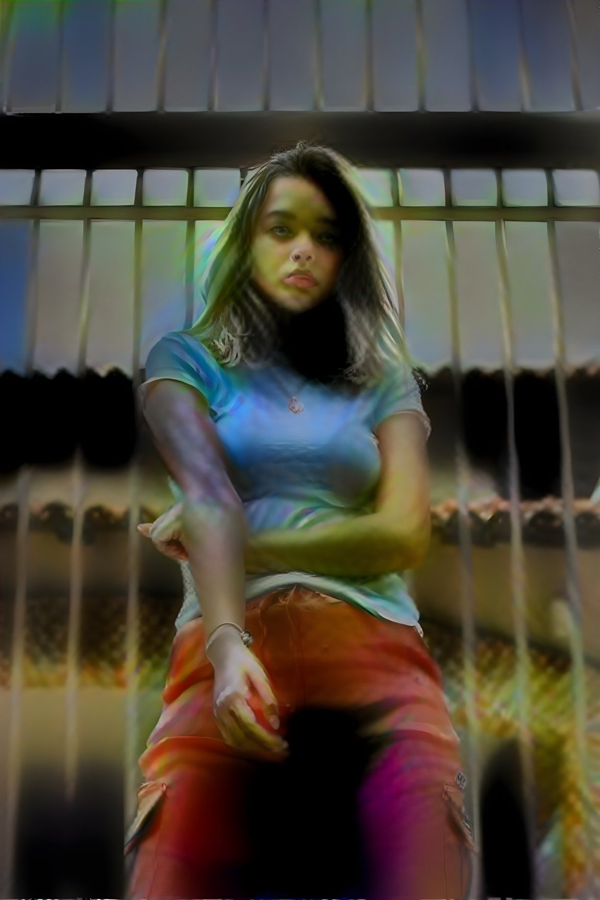 Young woman in casual attire by a barred window