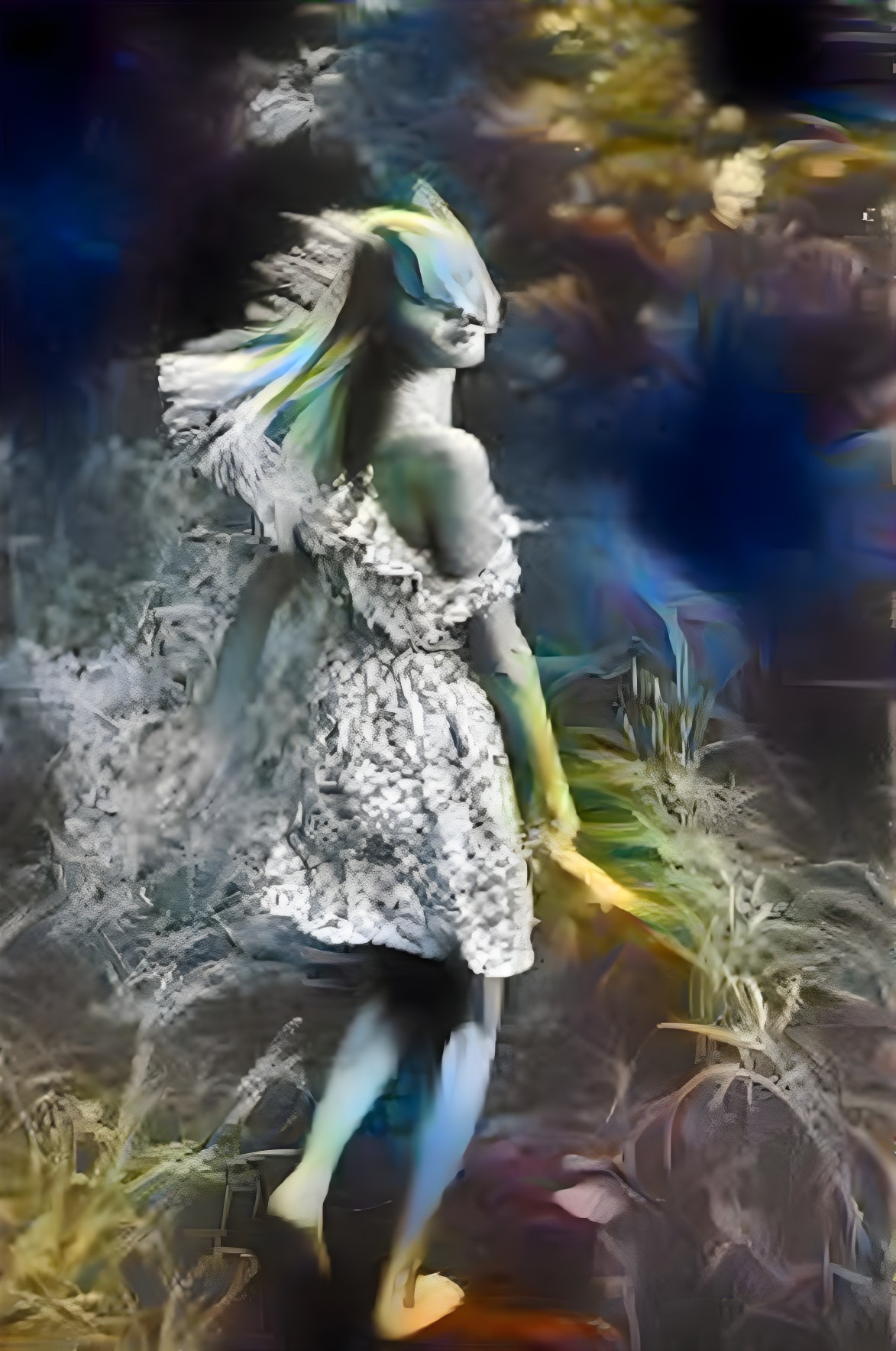 Surreal Scene with Ethereal Figure in Abstract Foliage