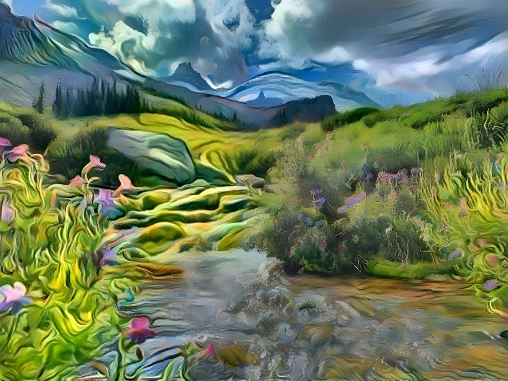 Vibrant Landscape with Stream and Towering Mountains