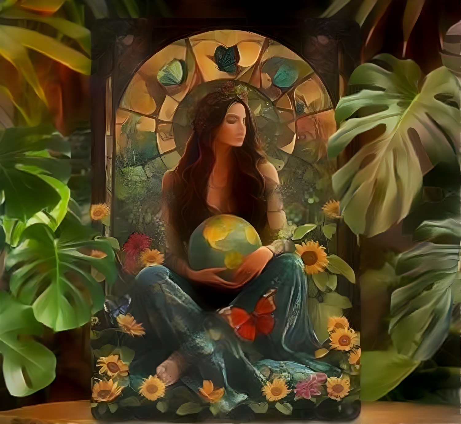 Serene Woman with Globe in Nature's Vibrant Setting