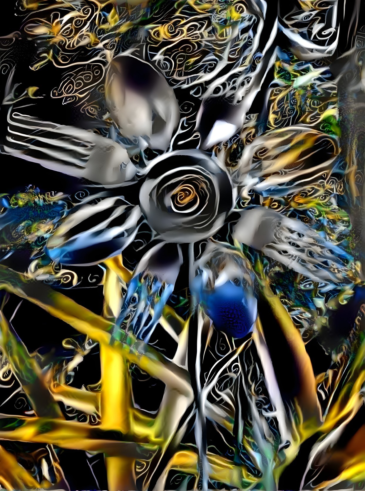 Surreal Flower Composition with Metallic Cutlery Elements