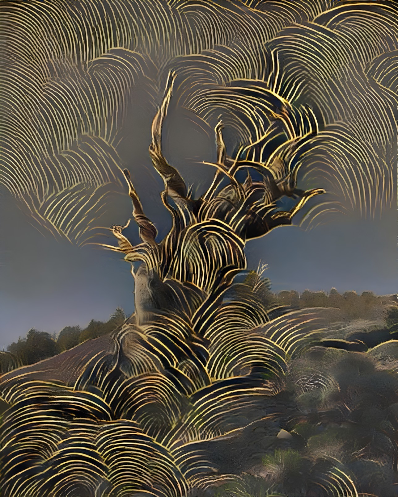 Ancient Tree in Dynamic Landscape with Rugged Terrain