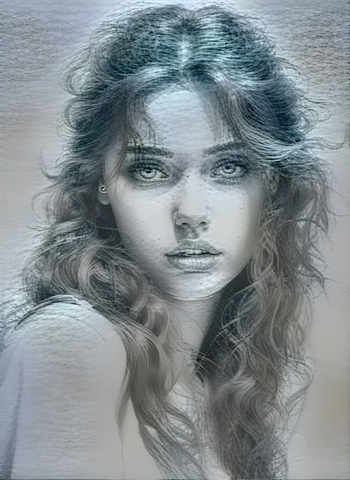 Portrait of a Young Woman with Wavy Hair in Monochrome