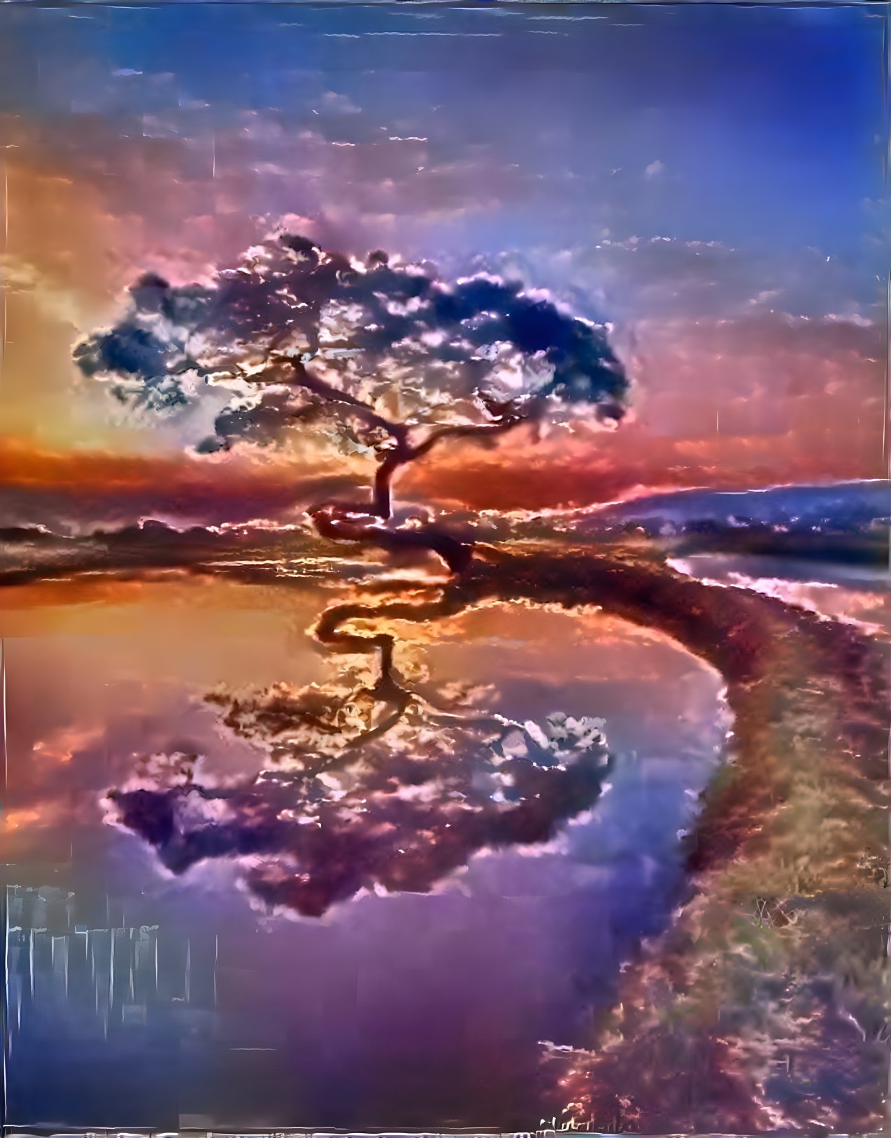 Majestic Tree by Tranquil Water at Sunset