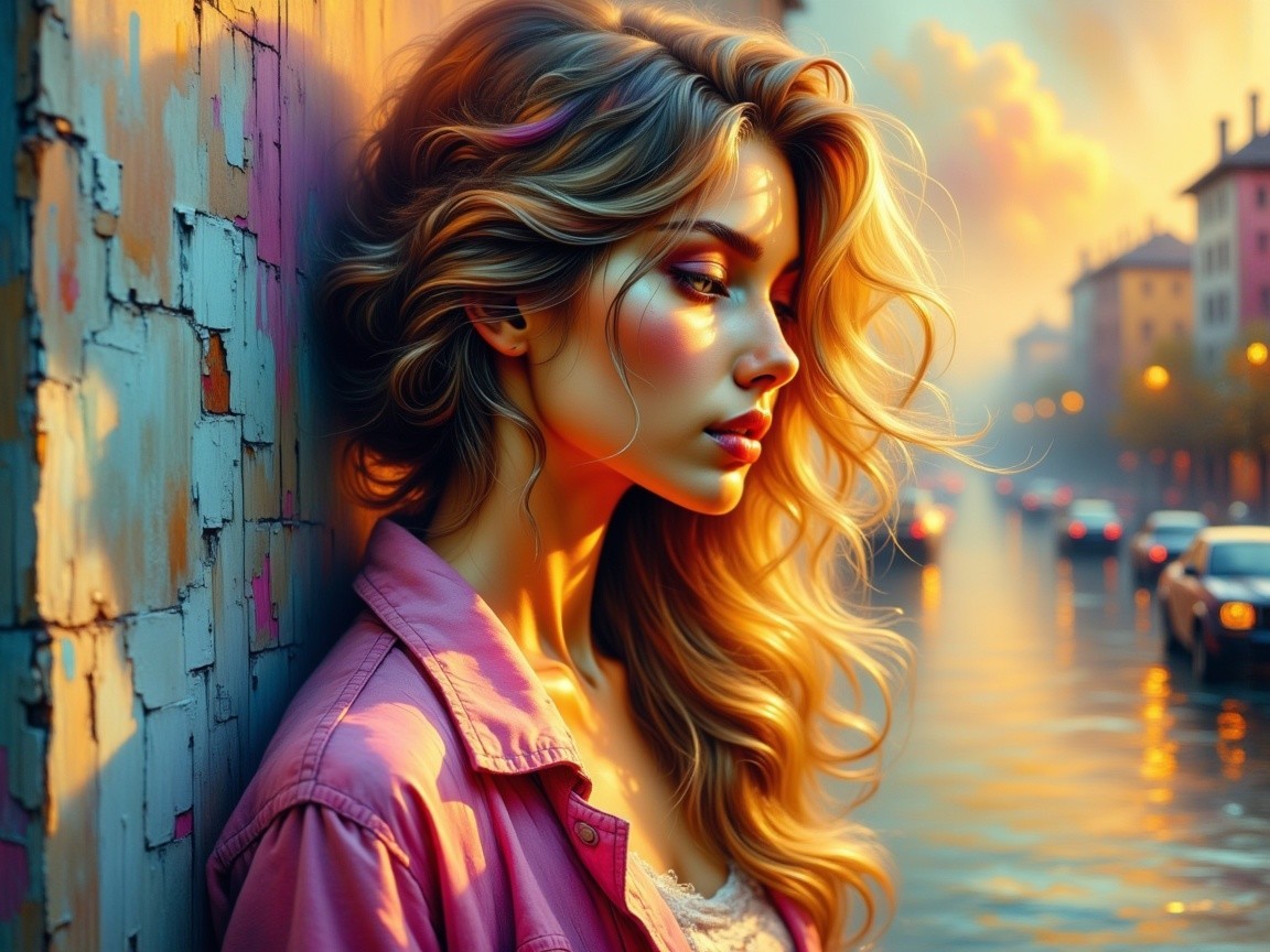 Young woman in warm light against textured wall