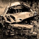 Damaged Abandoned Car Surrounded by Overgrown Vegetation