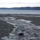 Tranquil Coastal Scene with Stream and Misty Hills