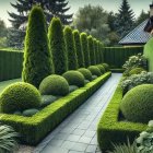 Lush Garden with Trimmed Greenery and Stone Pathway