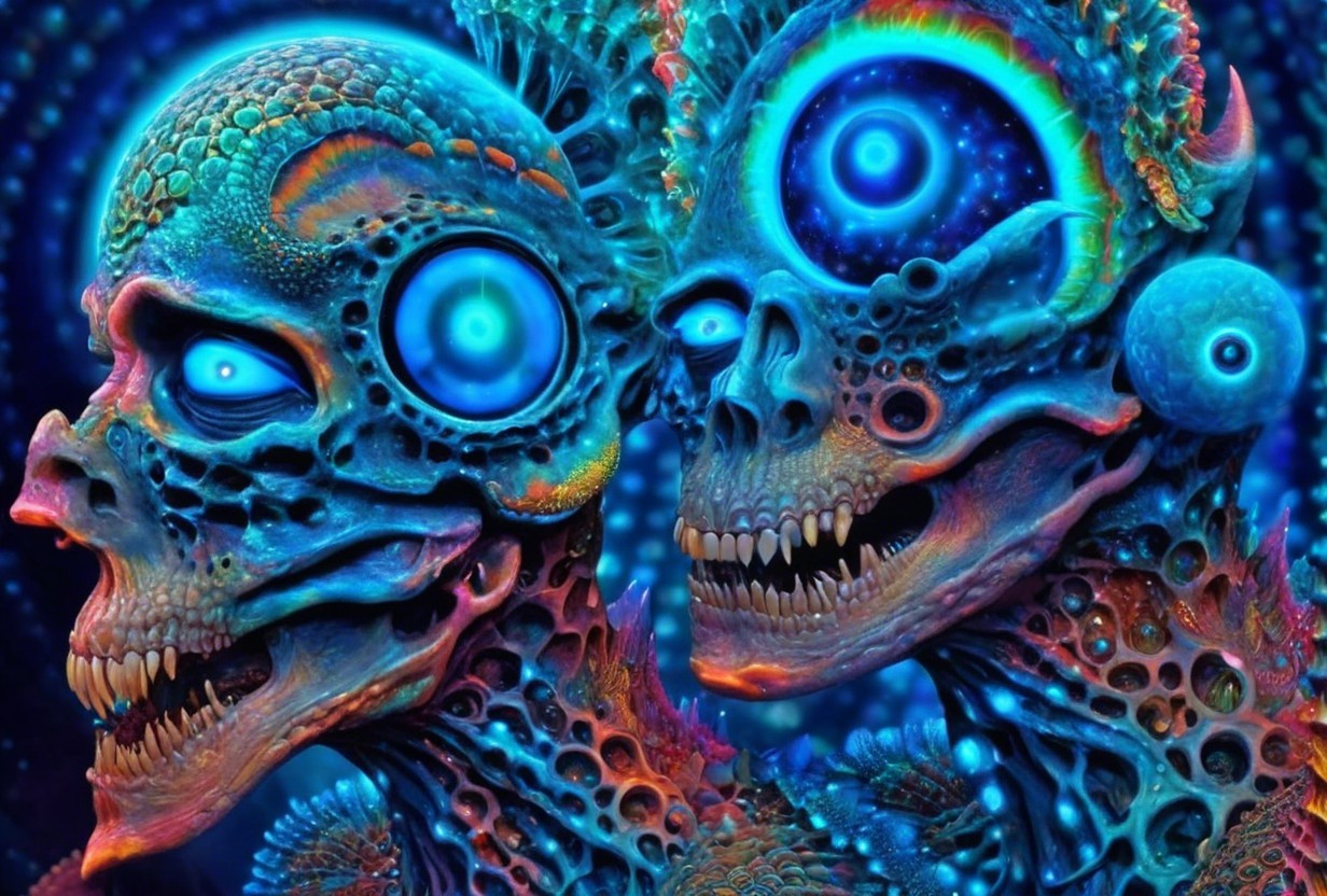 Neon Blue and Orange Skeletal Figures in Psychedelic Style