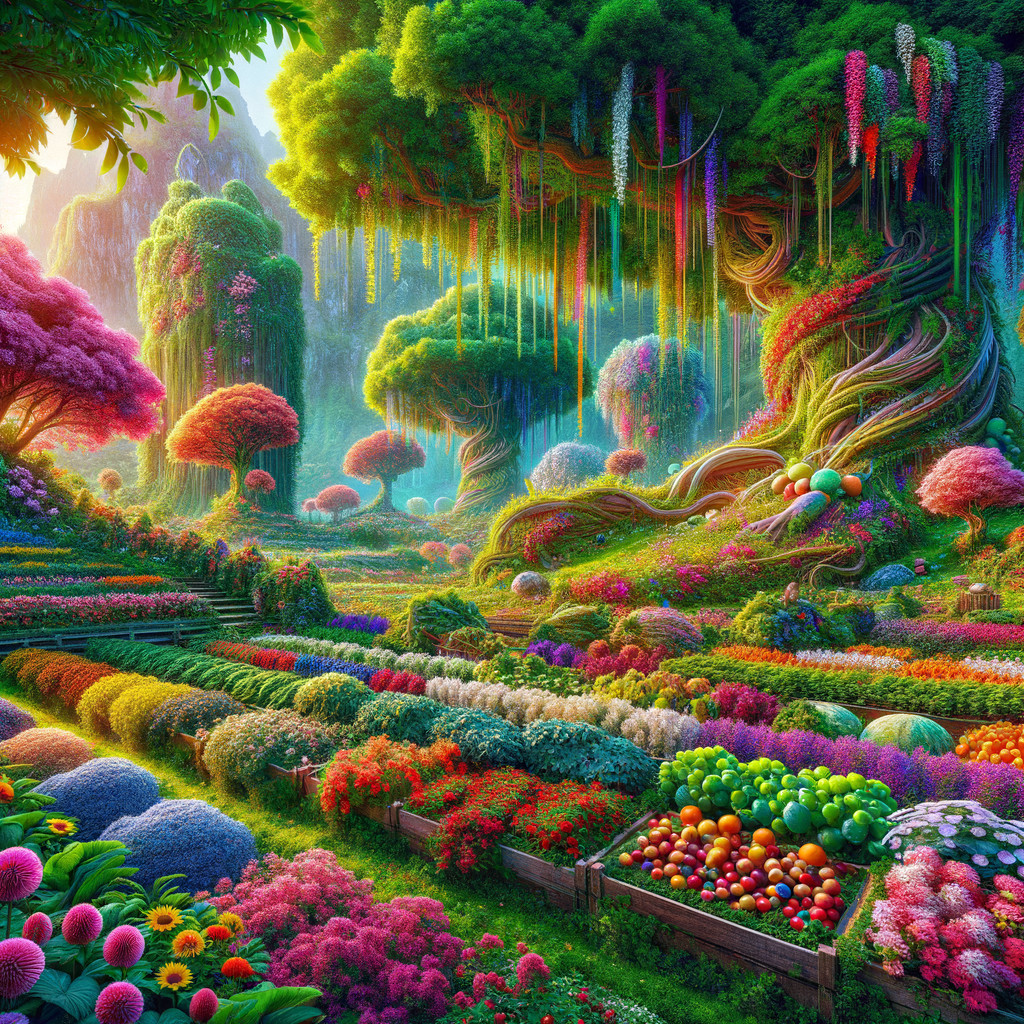 Vibrant Fantastical Landscape with Lush Greenery and Flowers