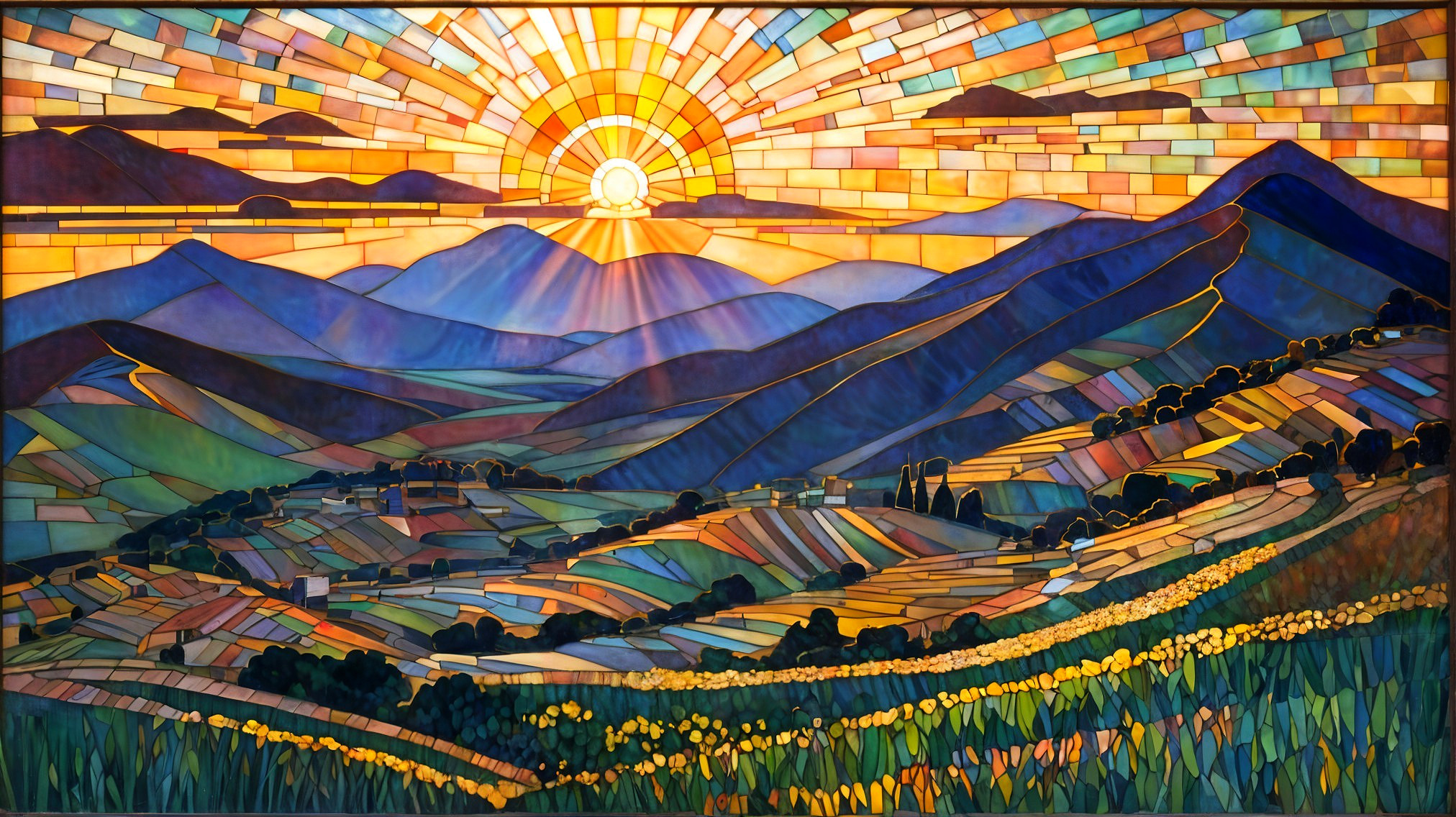 Vibrant Stained Glass Artwork of Sunrise and Mountains