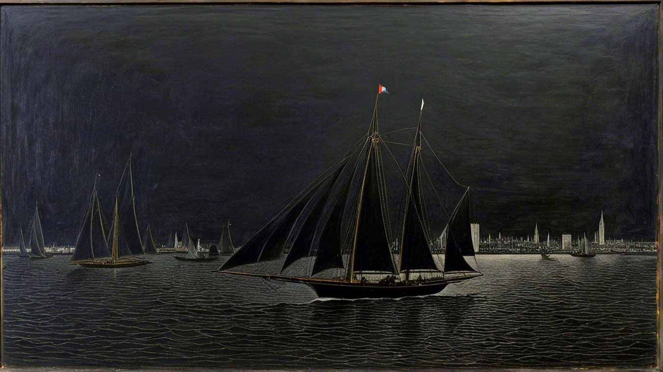 Nighttime Sailboat Scene with City Skyline Background