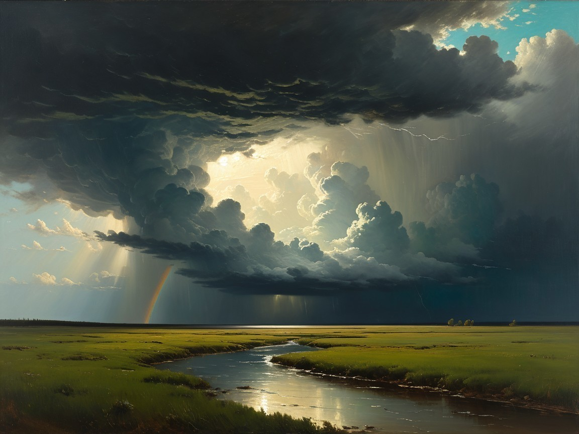 Dramatic Sky with Clouds, Sunlight, and Rainbow Over Stream