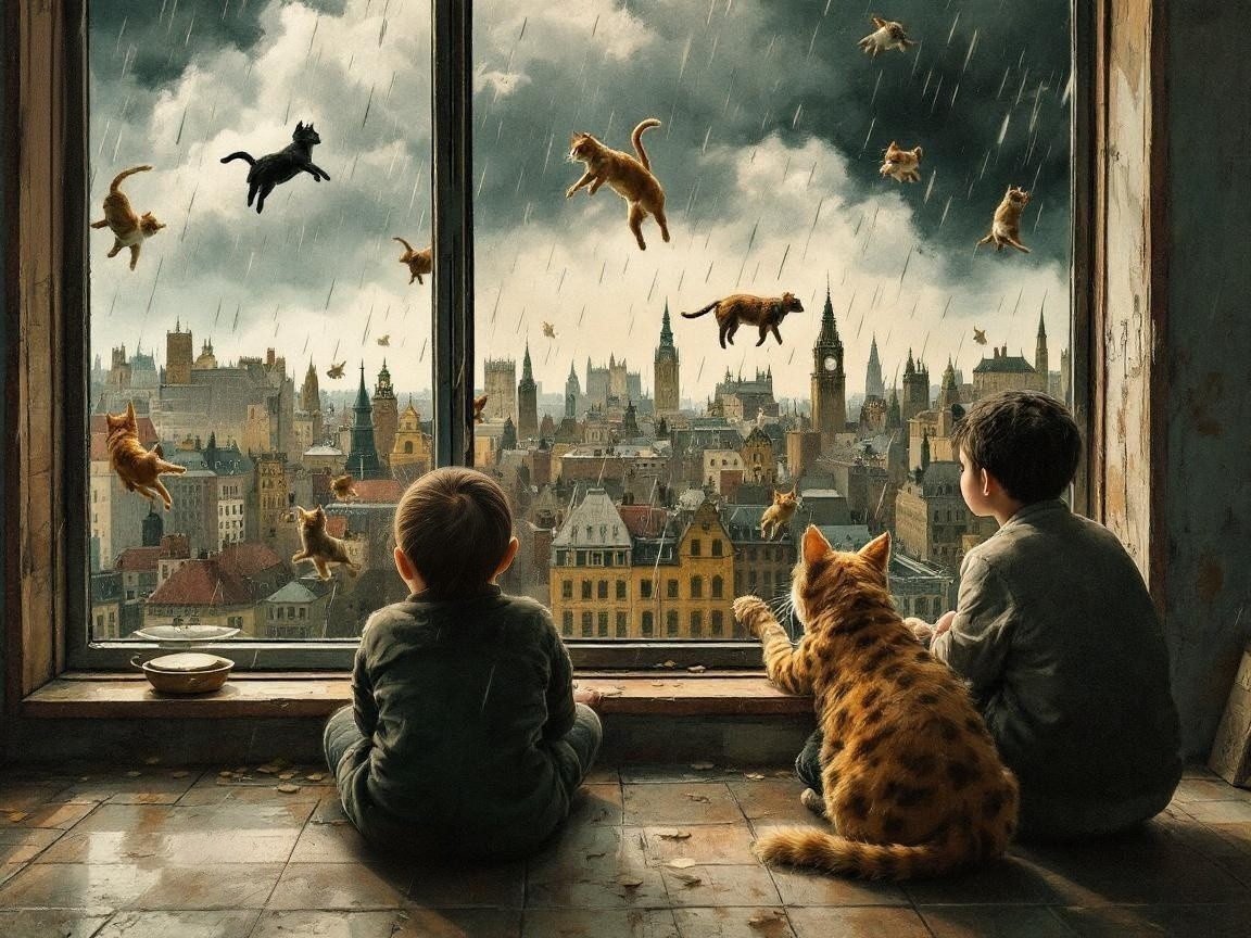 Boys Watching Cats Fall from Sky in Stormy City