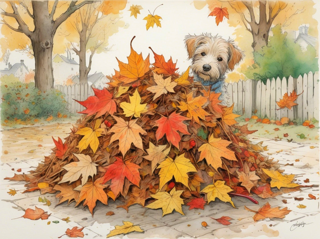Playful Dog Among Colorful Autumn Leaves Scene
