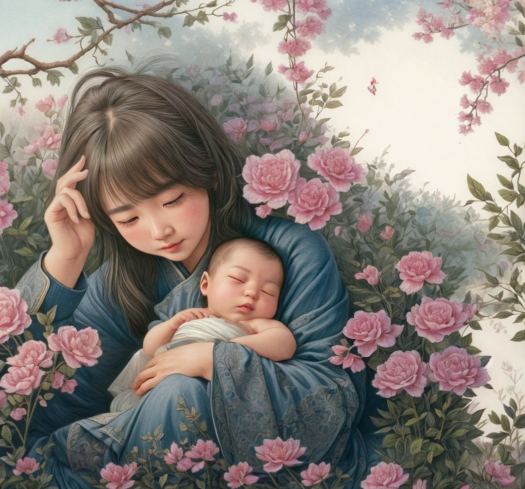 Young Woman Cradling Baby Among Pink Roses