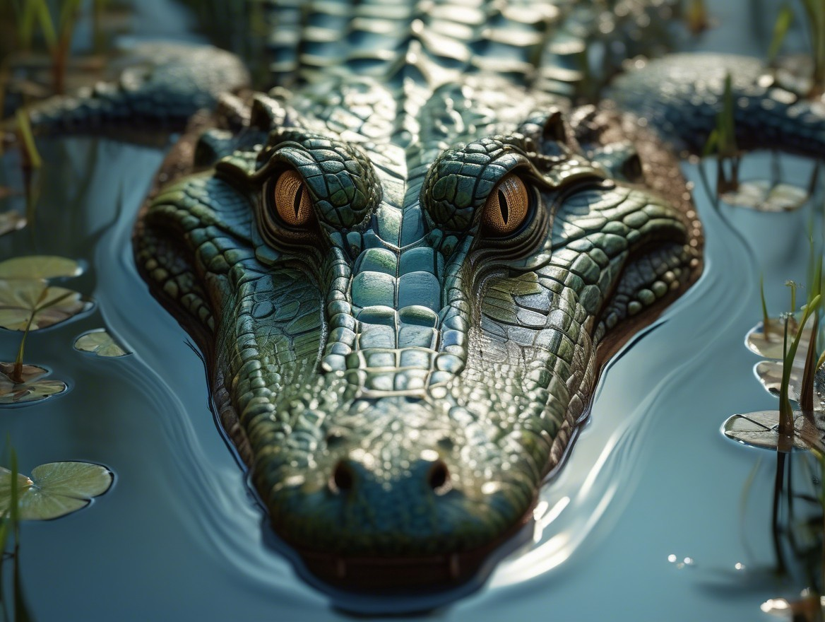 Close-up of a crocodile's head in tranquil water