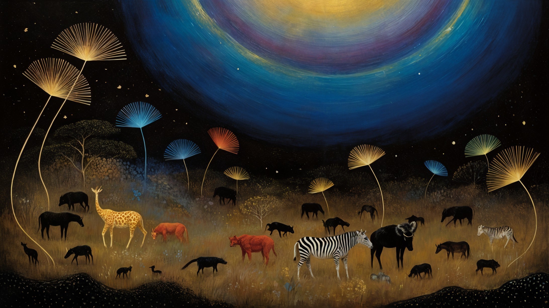 Surreal Landscape with Animals and Whimsical Plants