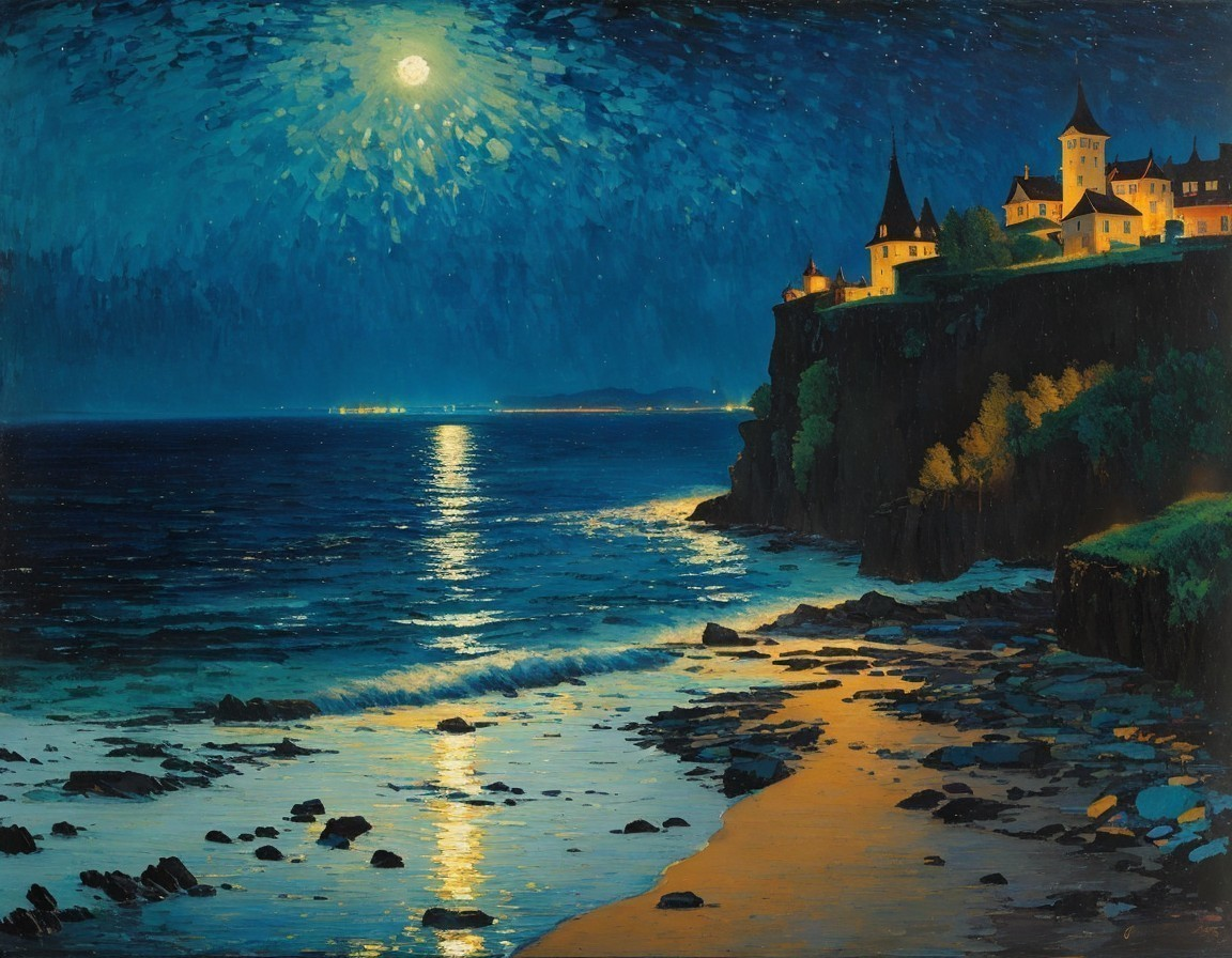 Moonlit Coastal Landscape with Castle and Starry Sky