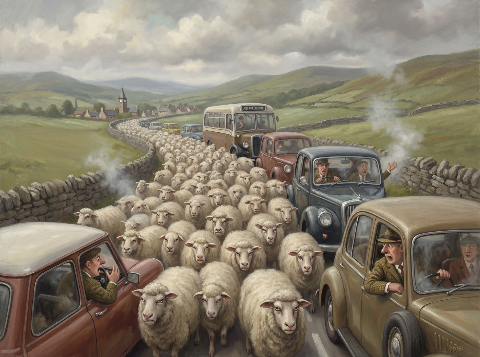 Oil Painting of Sheep Causing Traffic Jam on Country Road